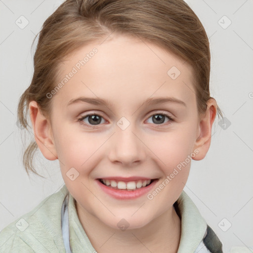 Joyful white child female with medium  brown hair and blue eyes