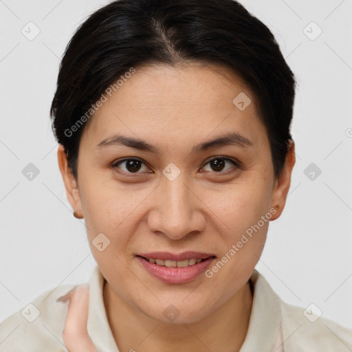 Joyful white adult female with short  brown hair and brown eyes