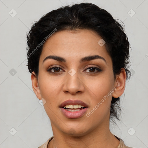 Joyful latino young-adult female with short  black hair and brown eyes