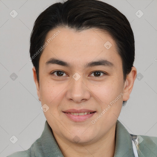 Joyful asian young-adult male with short  brown hair and brown eyes