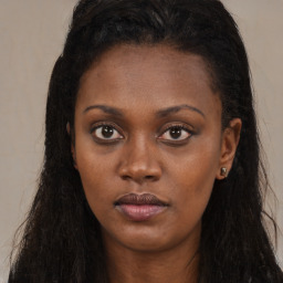 Neutral black young-adult female with long  brown hair and brown eyes