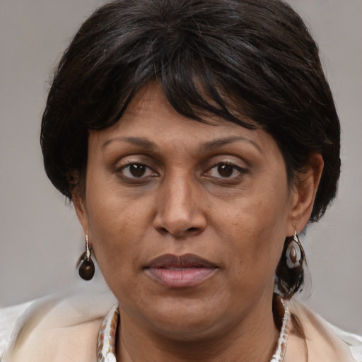 Joyful white adult female with medium  brown hair and brown eyes