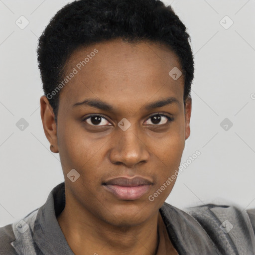 Neutral black young-adult male with short  black hair and brown eyes