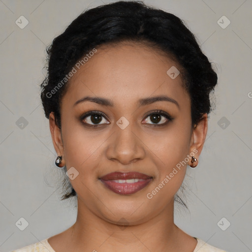 Joyful latino young-adult female with short  black hair and brown eyes