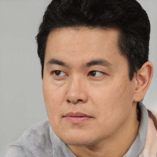 Neutral asian adult male with short  black hair and brown eyes