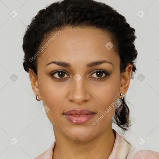 Joyful latino young-adult female with short  brown hair and brown eyes