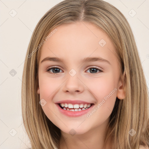 Joyful white child female with medium  brown hair and brown eyes