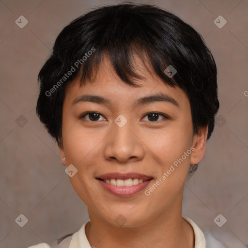 Joyful asian young-adult female with short  brown hair and brown eyes