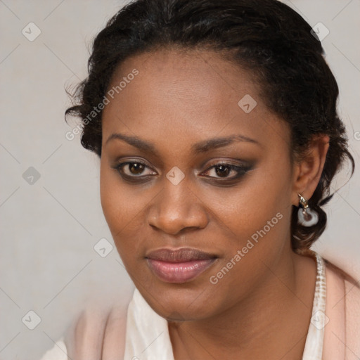 Joyful black young-adult female with medium  brown hair and brown eyes