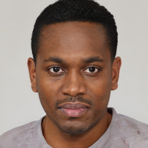 Neutral black young-adult male with short  black hair and brown eyes