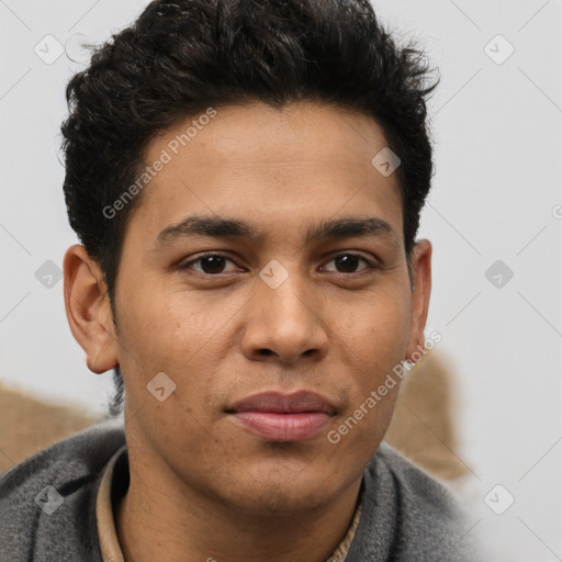 Neutral latino young-adult male with short  brown hair and brown eyes