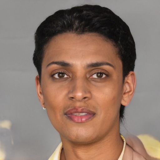 Joyful latino young-adult female with short  black hair and brown eyes