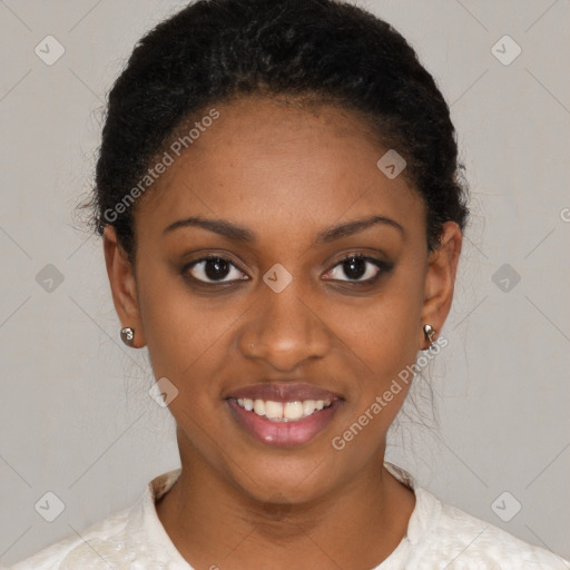 Joyful latino young-adult female with short  brown hair and brown eyes