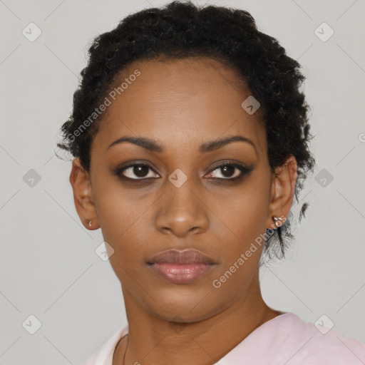 Neutral black young-adult female with short  black hair and brown eyes