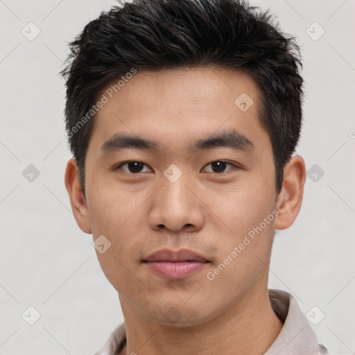 Neutral asian young-adult male with short  black hair and brown eyes