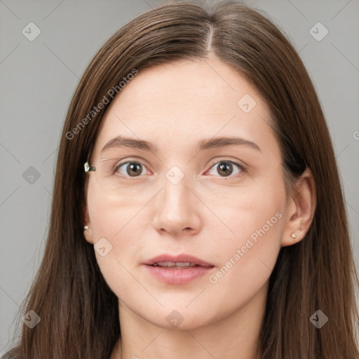 Neutral white young-adult female with long  brown hair and grey eyes