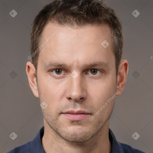 Neutral white young-adult male with short  brown hair and brown eyes