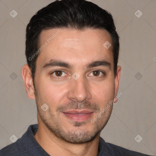 Joyful white young-adult male with short  brown hair and brown eyes