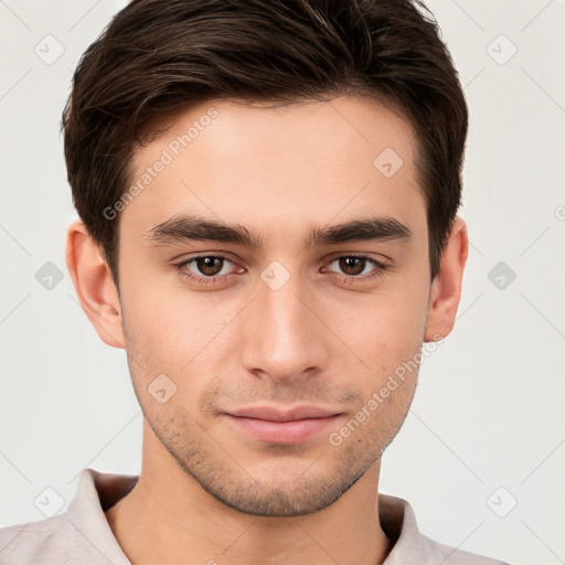 Neutral white young-adult male with short  brown hair and brown eyes