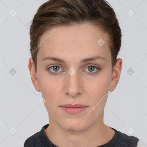 Neutral white young-adult female with short  brown hair and brown eyes