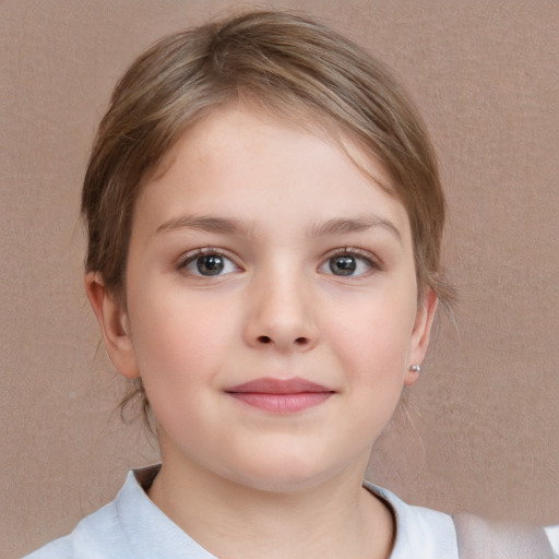 Neutral white child female with medium  brown hair and grey eyes