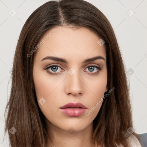 Neutral white young-adult female with long  brown hair and brown eyes