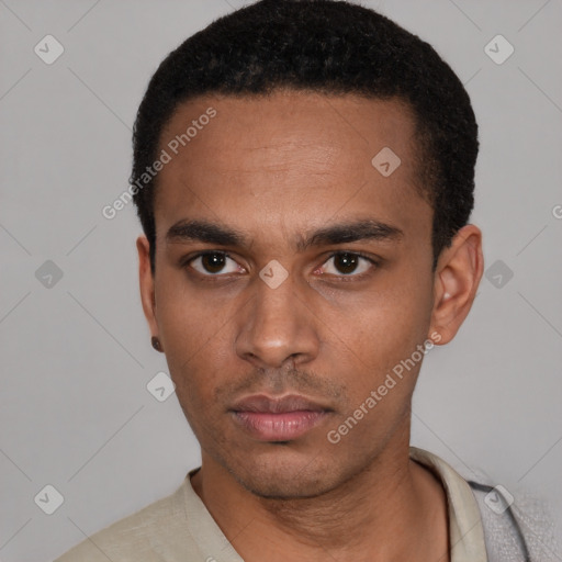 Neutral latino young-adult male with short  black hair and brown eyes