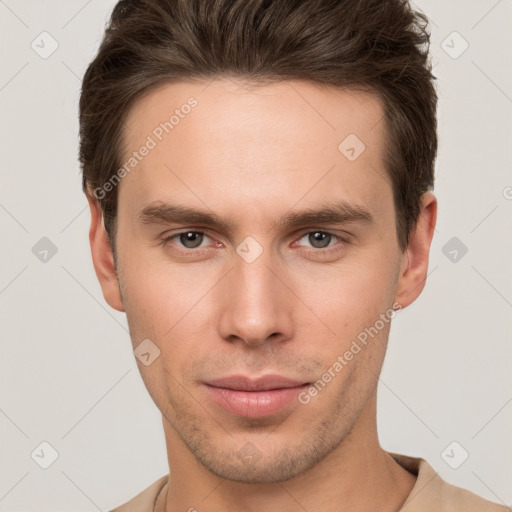 Neutral white young-adult male with short  brown hair and brown eyes