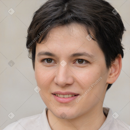 Joyful white young-adult female with short  brown hair and brown eyes