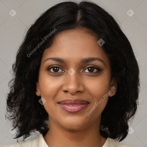 Joyful black young-adult female with medium  black hair and brown eyes