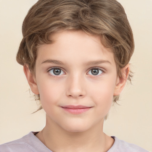 Joyful white child female with short  brown hair and brown eyes