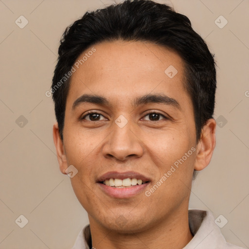 Joyful latino young-adult male with short  black hair and brown eyes