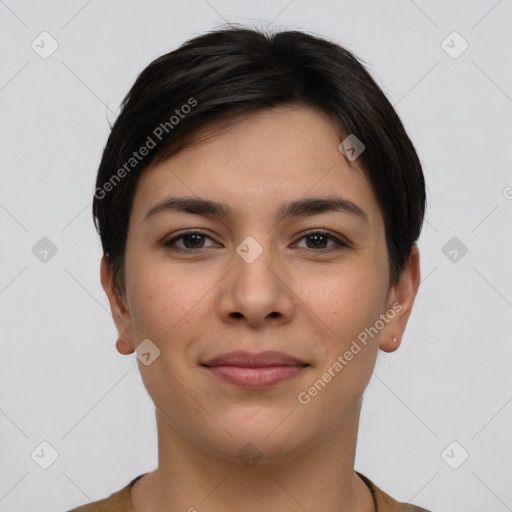 Joyful white young-adult female with short  brown hair and brown eyes