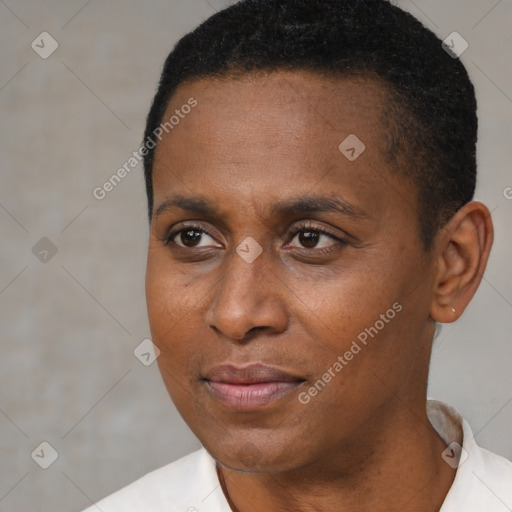 Joyful black young-adult female with short  brown hair and brown eyes