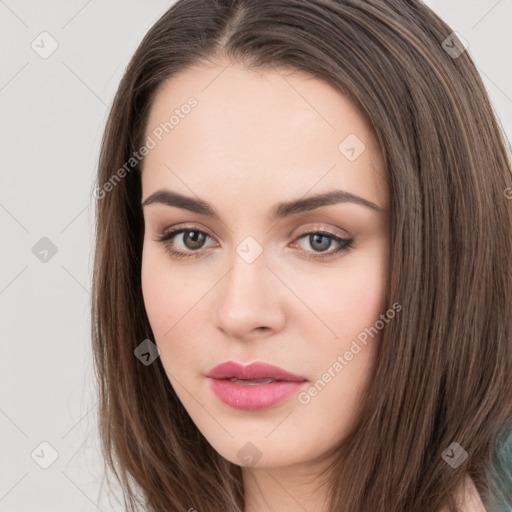 Neutral white young-adult female with long  brown hair and brown eyes