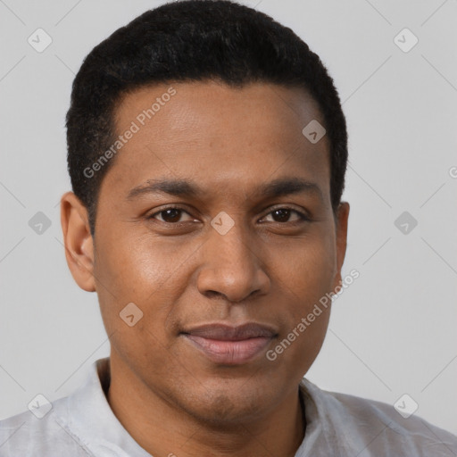 Joyful black young-adult male with short  brown hair and brown eyes