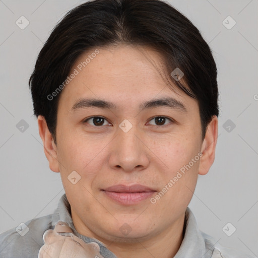 Joyful asian young-adult male with short  brown hair and brown eyes