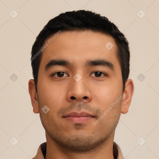 Neutral asian young-adult male with short  black hair and brown eyes