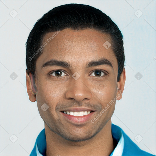 Joyful white young-adult male with short  black hair and brown eyes