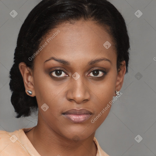 Joyful black young-adult female with medium  brown hair and brown eyes