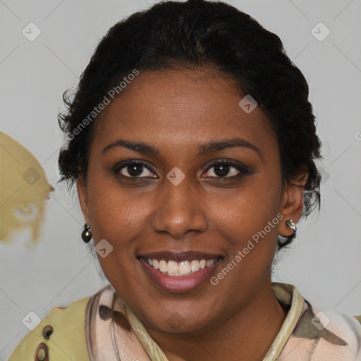 Joyful latino young-adult female with short  brown hair and brown eyes