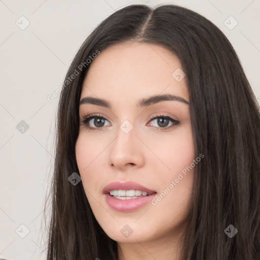 Neutral white young-adult female with long  black hair and brown eyes