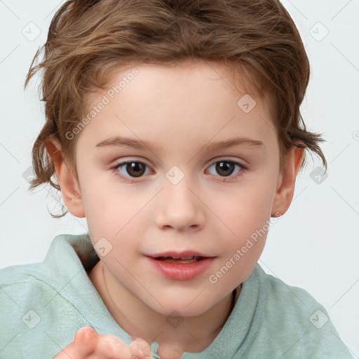 Joyful white child female with short  brown hair and brown eyes