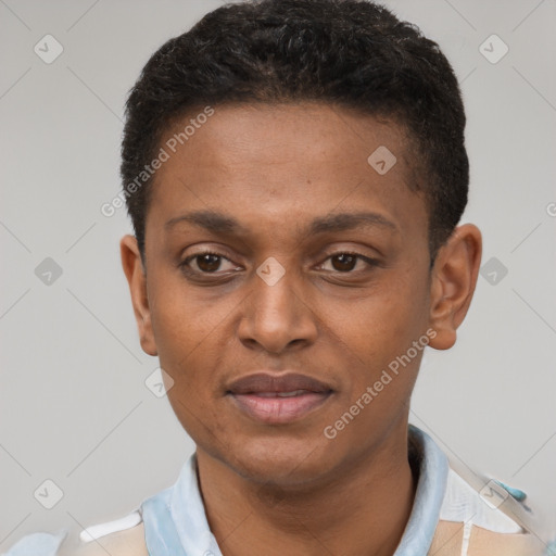 Joyful black young-adult male with short  brown hair and brown eyes