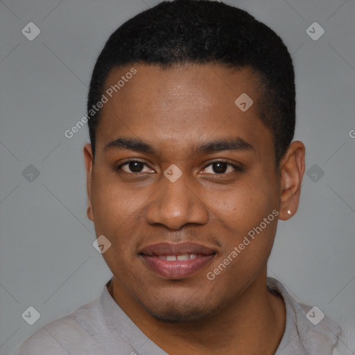Joyful latino young-adult male with short  brown hair and brown eyes