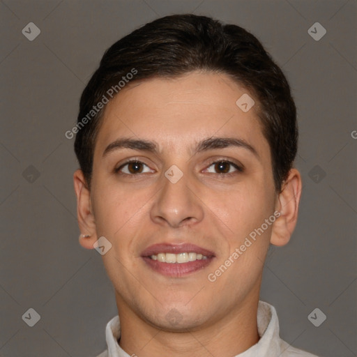 Joyful white young-adult female with short  brown hair and brown eyes