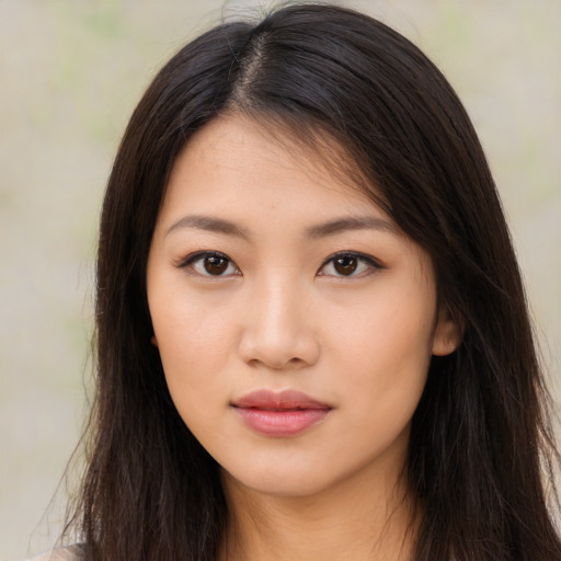 Neutral asian young-adult female with long  brown hair and brown eyes