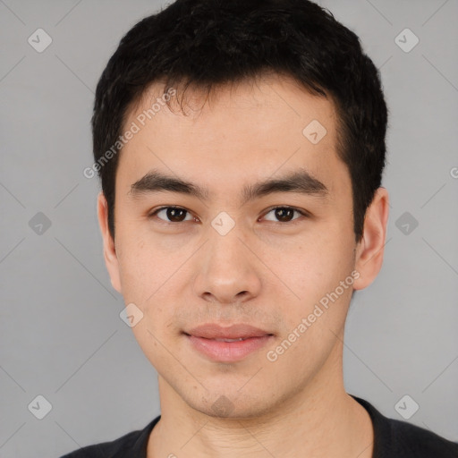 Neutral asian young-adult male with short  black hair and brown eyes