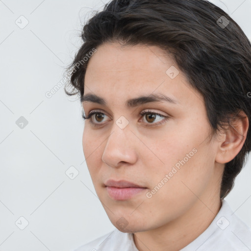 Neutral white young-adult female with short  brown hair and brown eyes