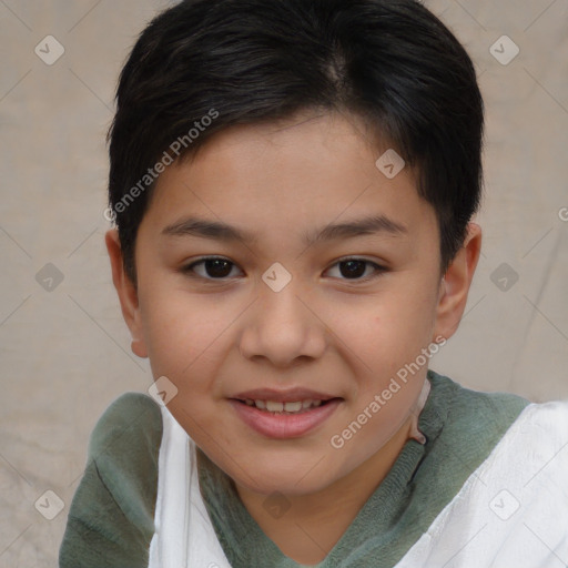 Joyful white child female with short  brown hair and brown eyes
